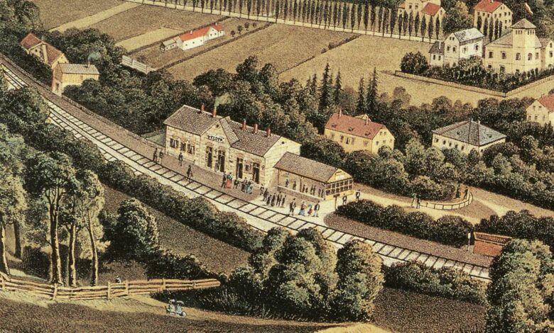 Der Veldener Bahnhof um 1900. Detail aus einem Gemälde von Carl Haas. © Veldener Gemeindearchiv